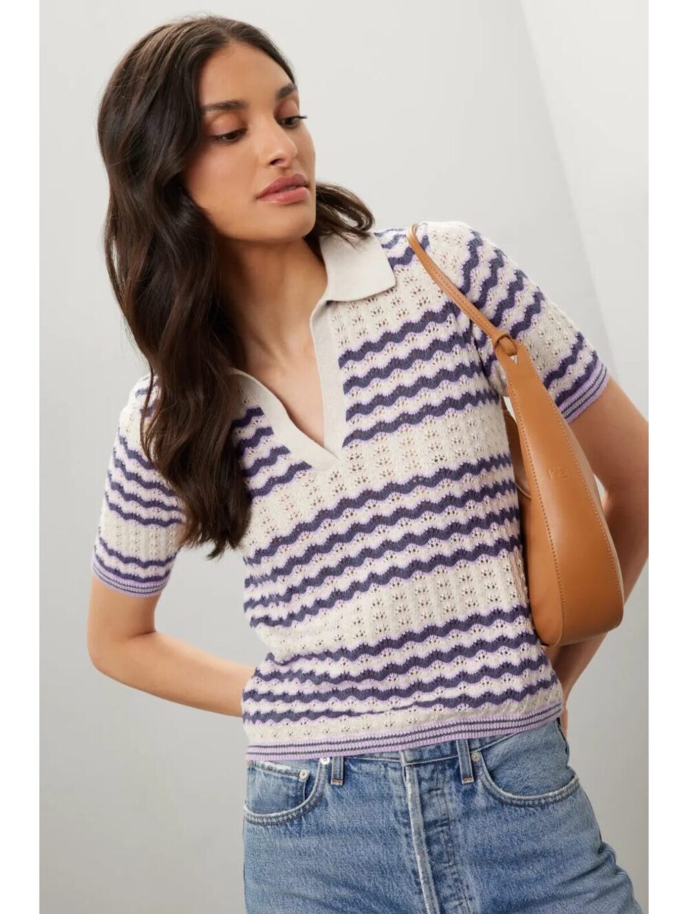 Marine Layer Spencer Polo Sweater Short Sleeve Cotton Blue Purple Striped Knit M